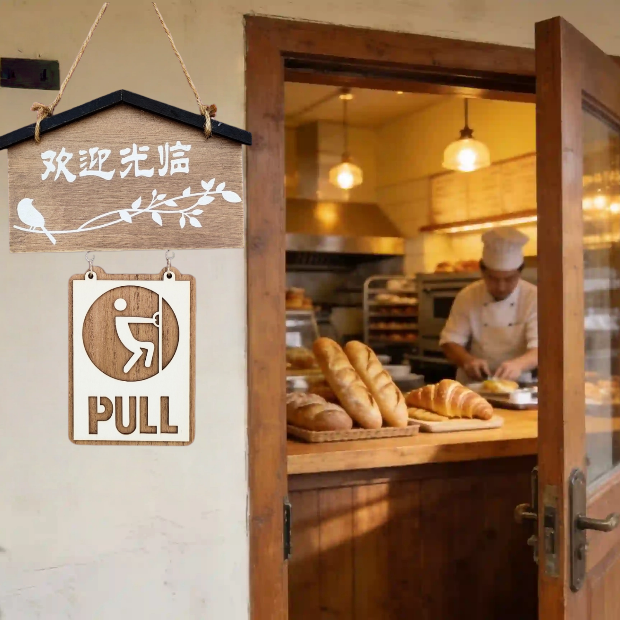 Wooden Combination Hanging Sign with Sliding Push/Pull — Welcome & Open Display, 2 Colors