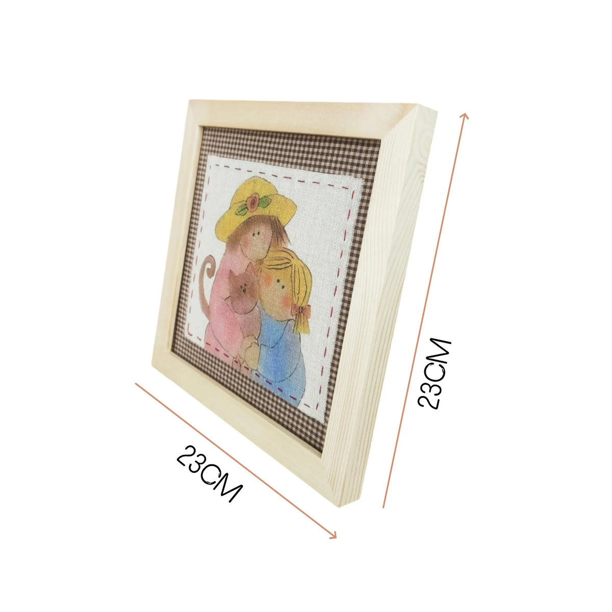 Muya Artisan "Mother & Daughter Cats" Handmade Fabric Art Painting - 23x23cm Solid Wood Frame