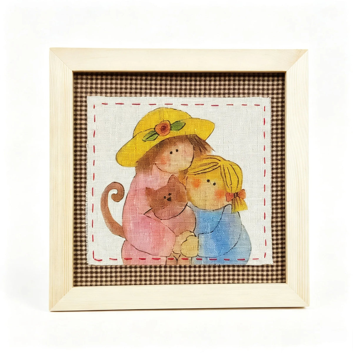 Muya Artisan "Mother & Daughter Cats" Handmade Fabric Art Painting - 23x23cm Solid Wood Frame