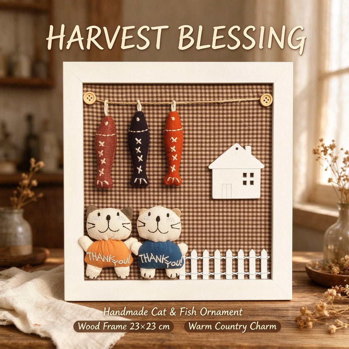 Muya Artisan Harvest Cat & Fish Embroidered Frame - Handmade Country Home Decor