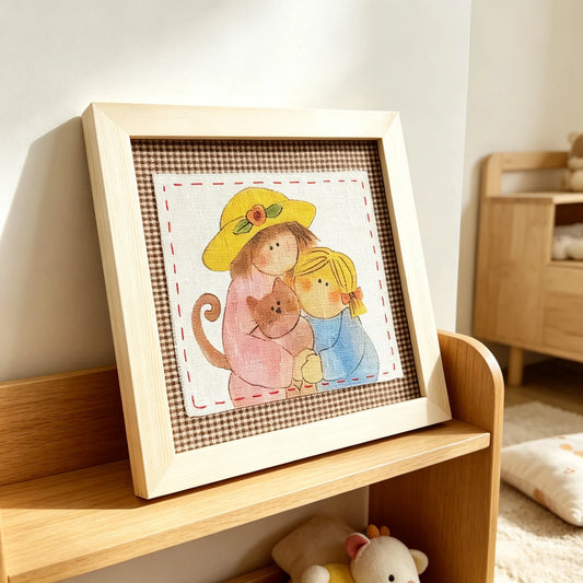 Muya Artisan "Mother & Daughter Cats" Handmade Fabric Art Painting - 23x23cm Solid Wood Frame