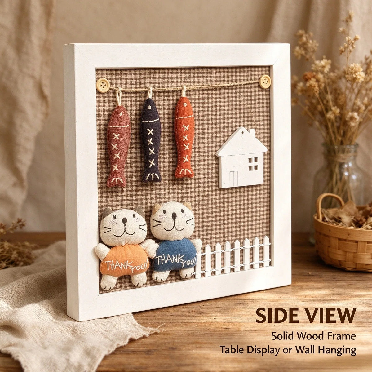 Muya Artisan Harvest Cat & Fish Embroidered Frame - Handmade Country Home Decor