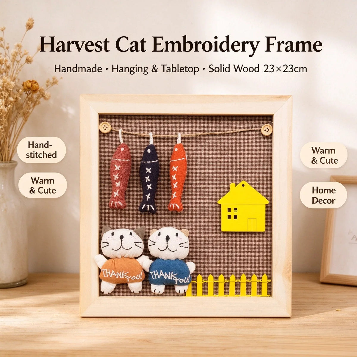 Muya Artisan Harvest Cat & Fish Embroidered Frame - Handmade Country Home Decor