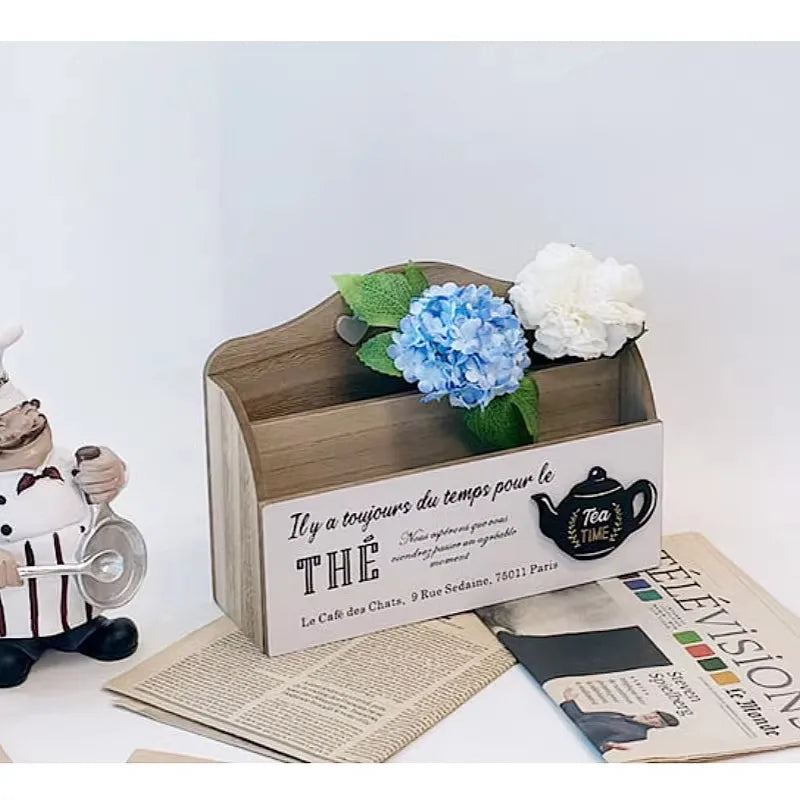 Organizer box with flowers in a cozy home setting