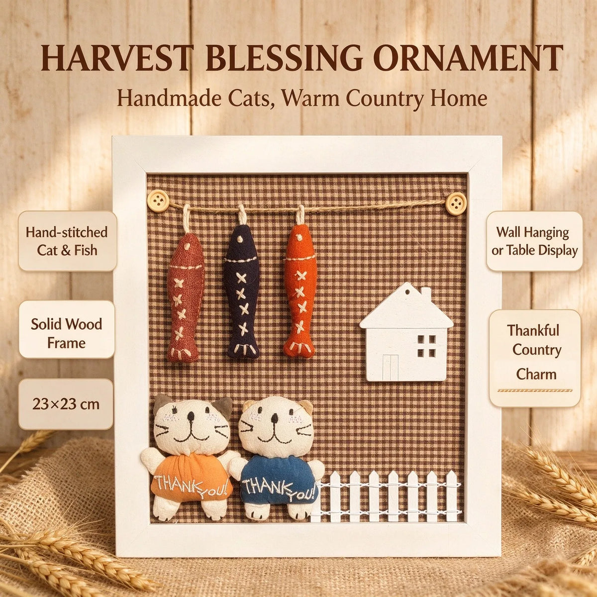 Muya Artisan Harvest Cat & Fish Embroidered Frame - Handmade Country Home Decor