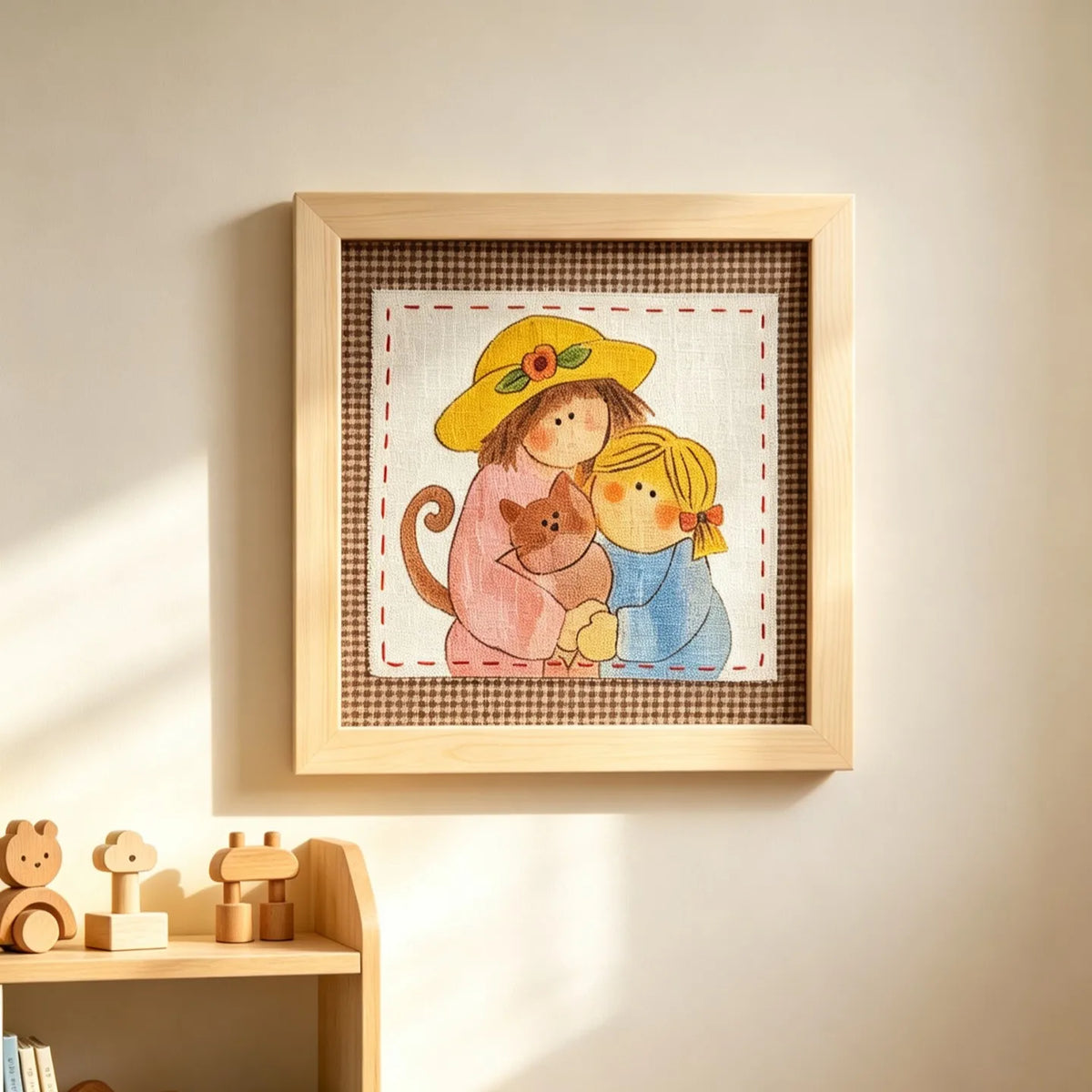 Muya Artisan "Mother & Daughter Cats" Handmade Fabric Art Painting - 23x23cm Solid Wood Frame
