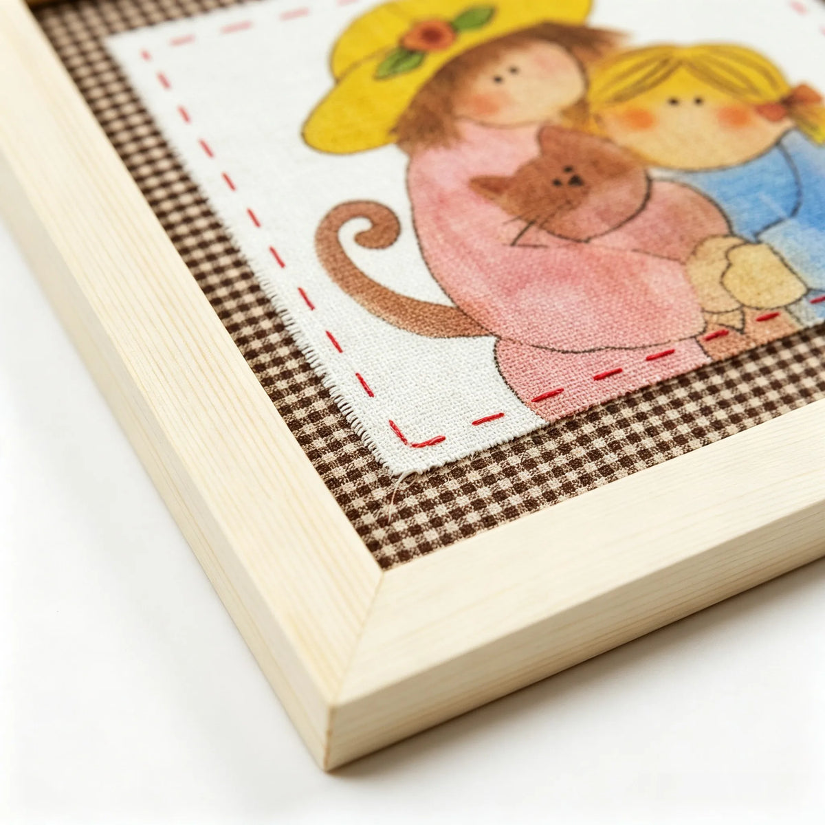 Muya Artisan "Mother & Daughter Cats" Handmade Fabric Art Painting - 23x23cm Solid Wood Frame