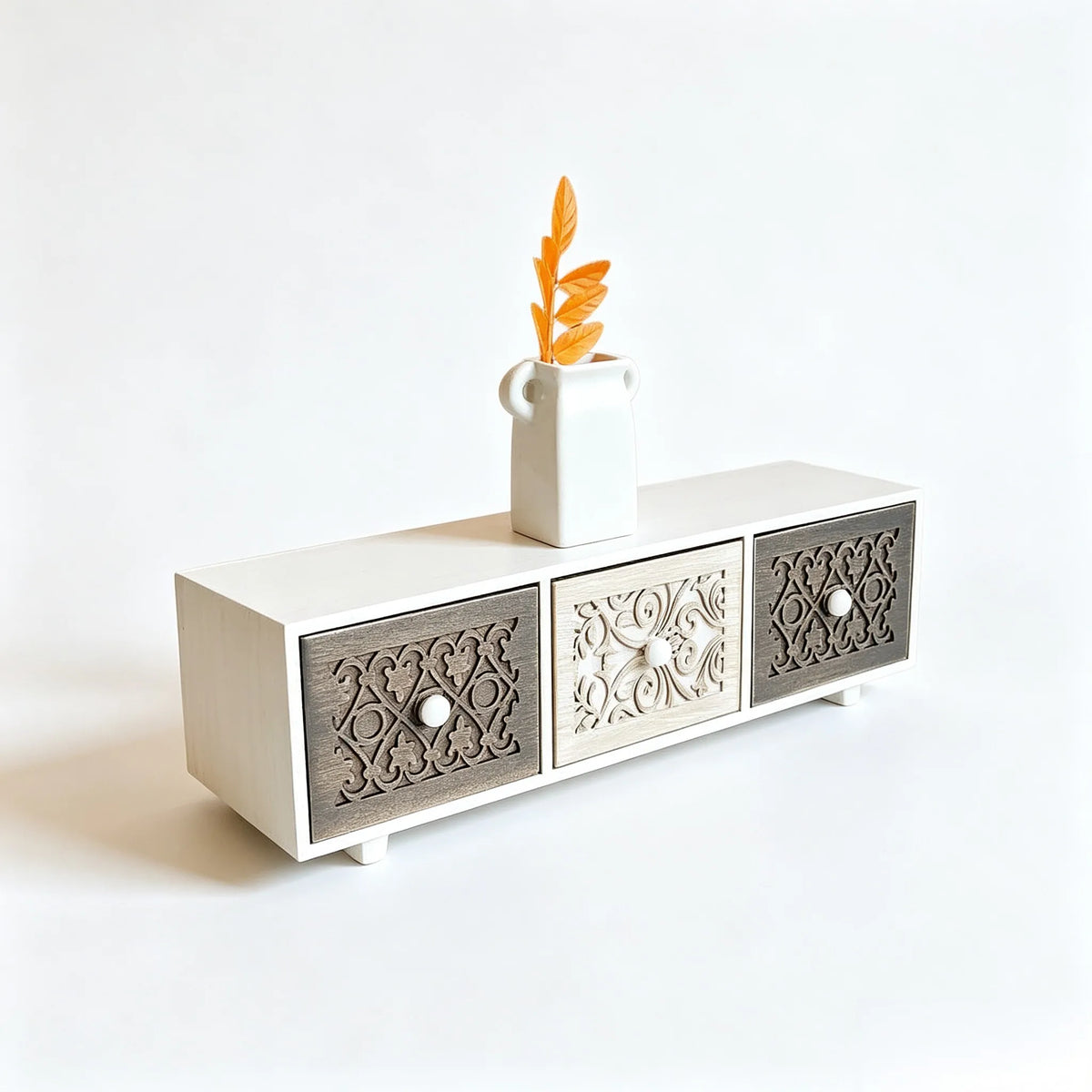 Muya Artisan Carved Wood Desktop Organizer - White Background