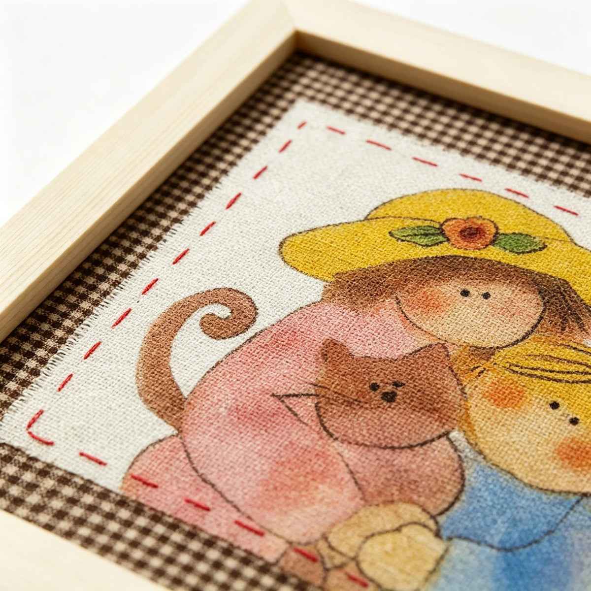 Muya Artisan "Mother & Daughter Cats" Handmade Fabric Art Painting - 23x23cm Solid Wood Frame