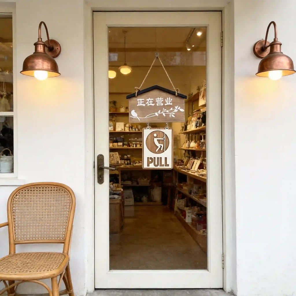 Wooden Combination Hanging Sign with Sliding Push/Pull — Welcome & Open Display, 2 Colors
