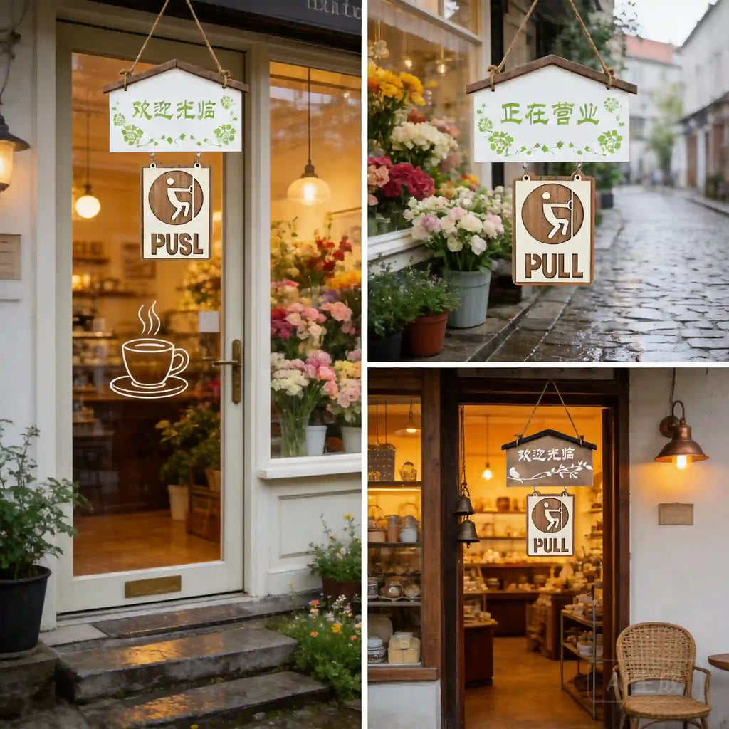 Wooden Combination Hanging Sign with Sliding Push/Pull — Welcome & Open Display, 2 Colors