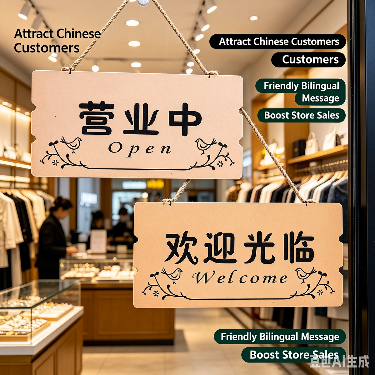 Double-Sided Bilingual "Open" Hanging Sign - 30×15cm